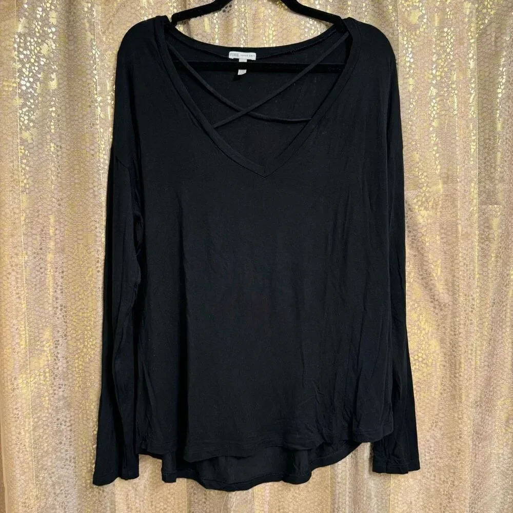 PINK Victorias Secret Super Soft Black Criss Cross Long Sleeve Top Large - Picture 1 of 4